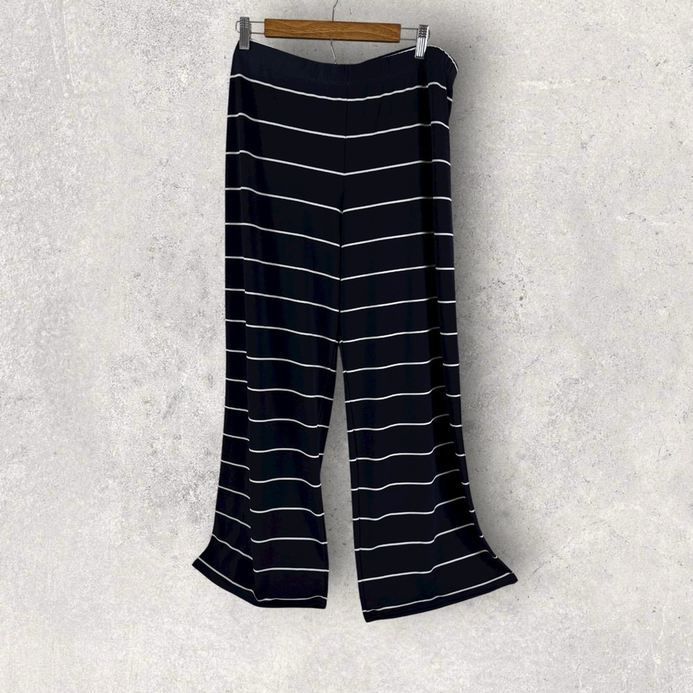 Susan Graver Liquid Knit Wide Leg Pant Large Pull On Navy White Stripe A275214